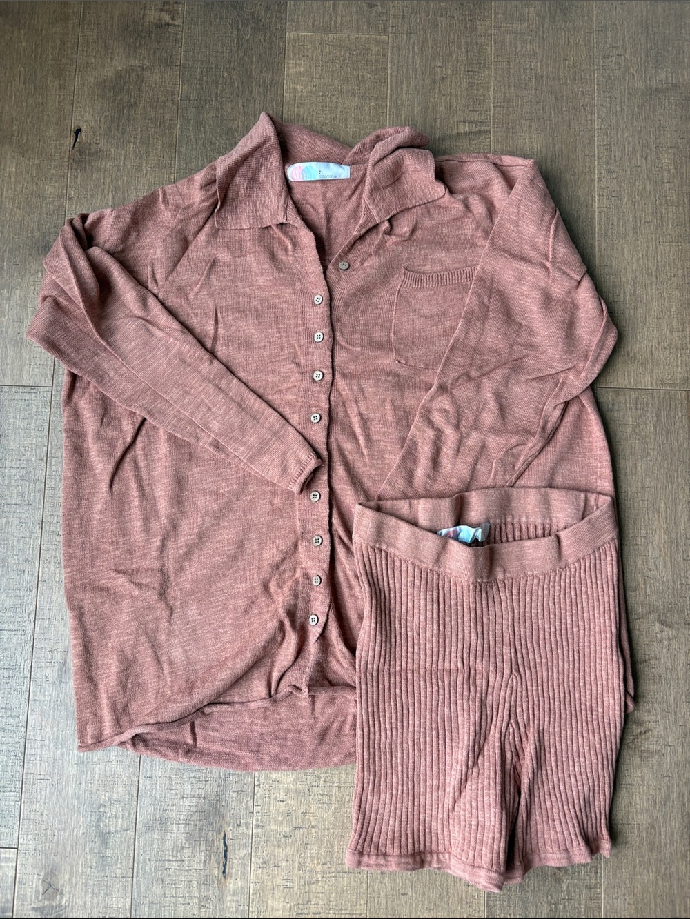 Free People Dusty Rose Two-Piece Knit Set - Button Cardigan & Ribbed Shorts